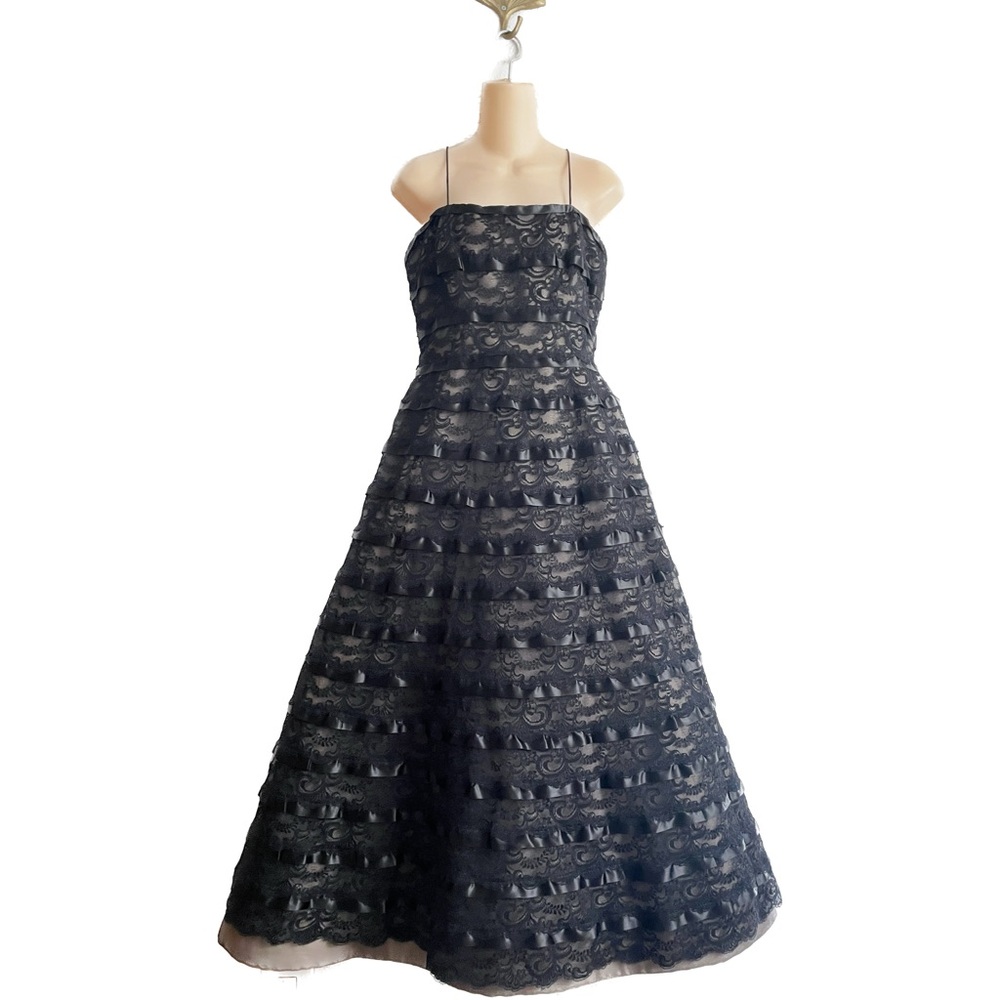 Vintage Rose Taft Black Lace Cocktail Party Evening Full Skirt Dress MEDIUM